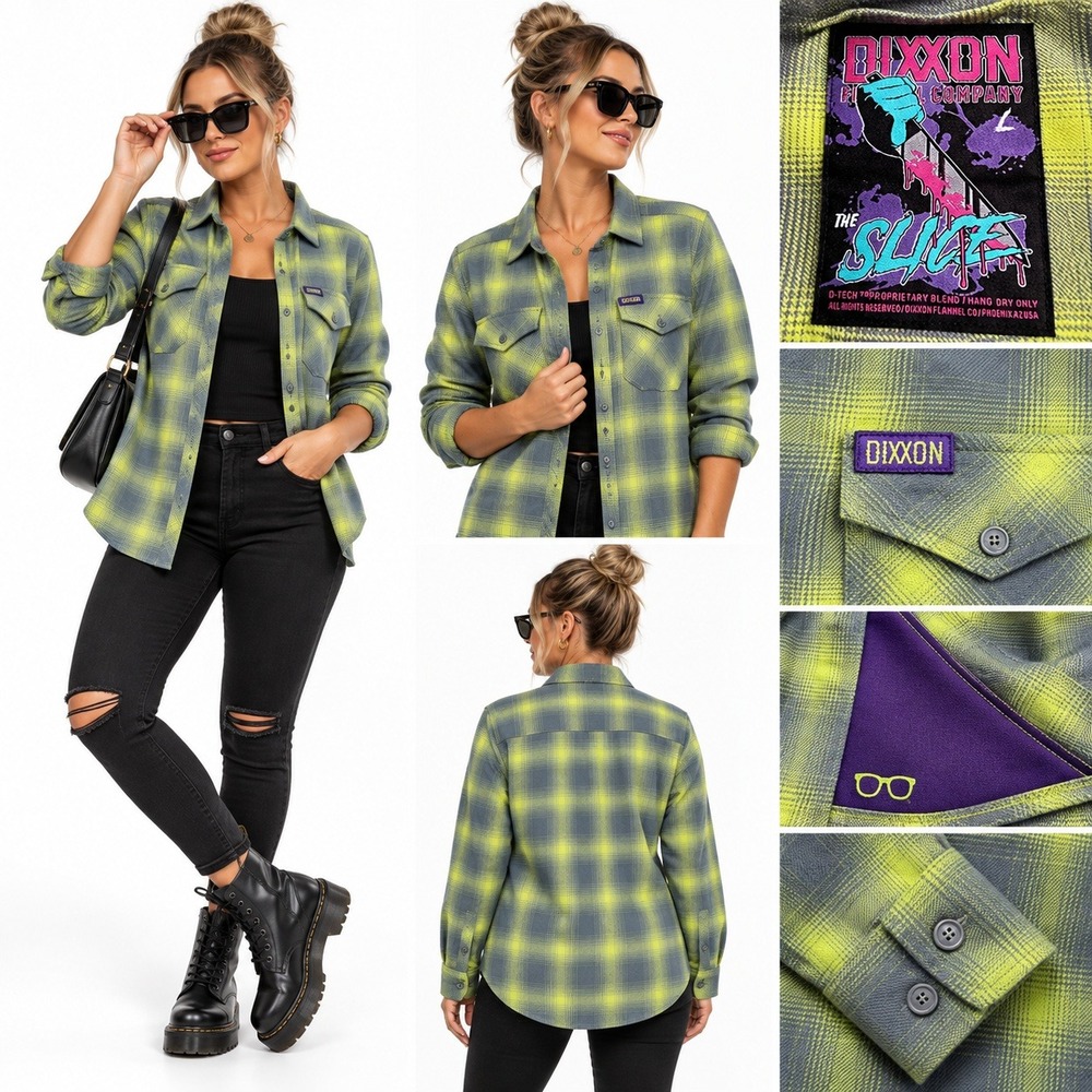 Dixxon Flannel The Slice Women Large Green Gray Plaid D-Tech Button Up Shirt